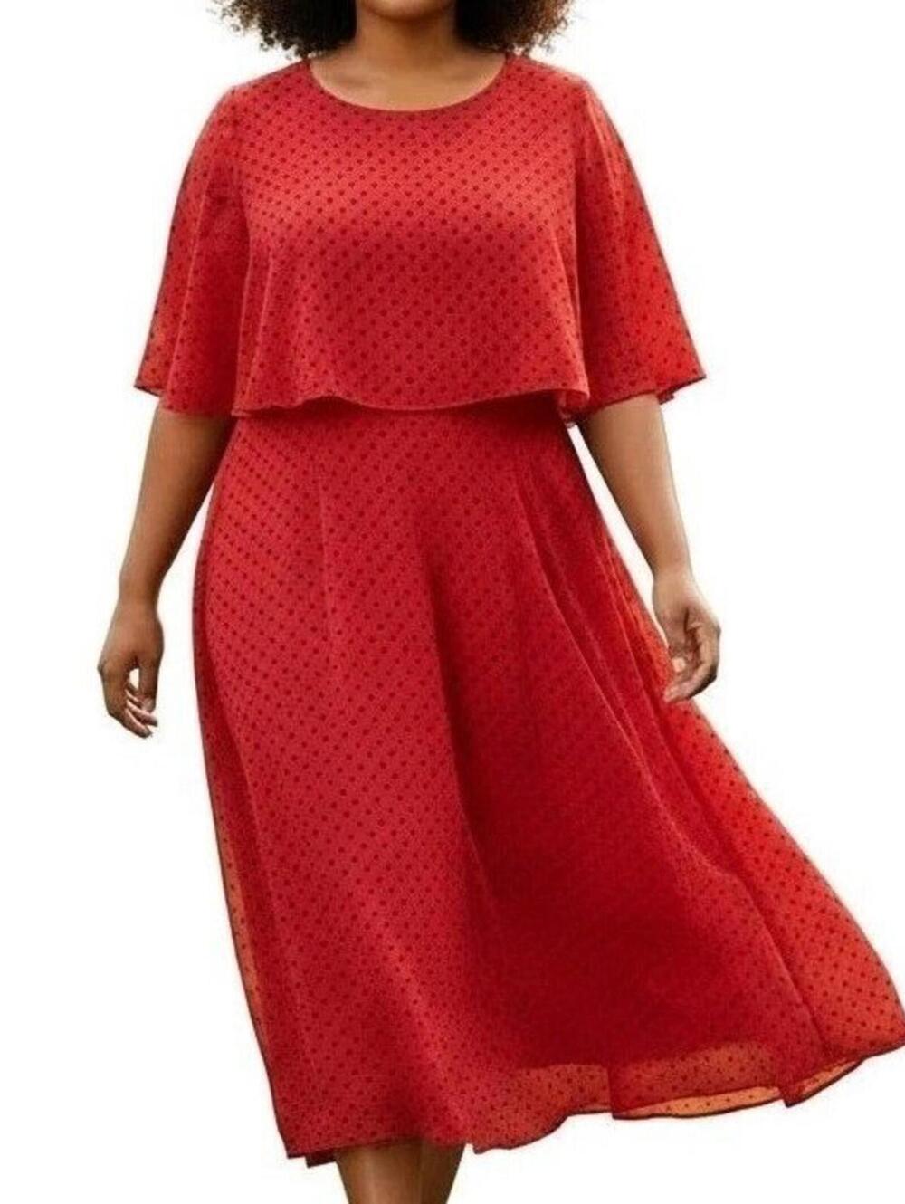 NEW Danny & Nicole Sz 16 $120 Red Black Polka Dot Capelet Chiffon A-Line Dress